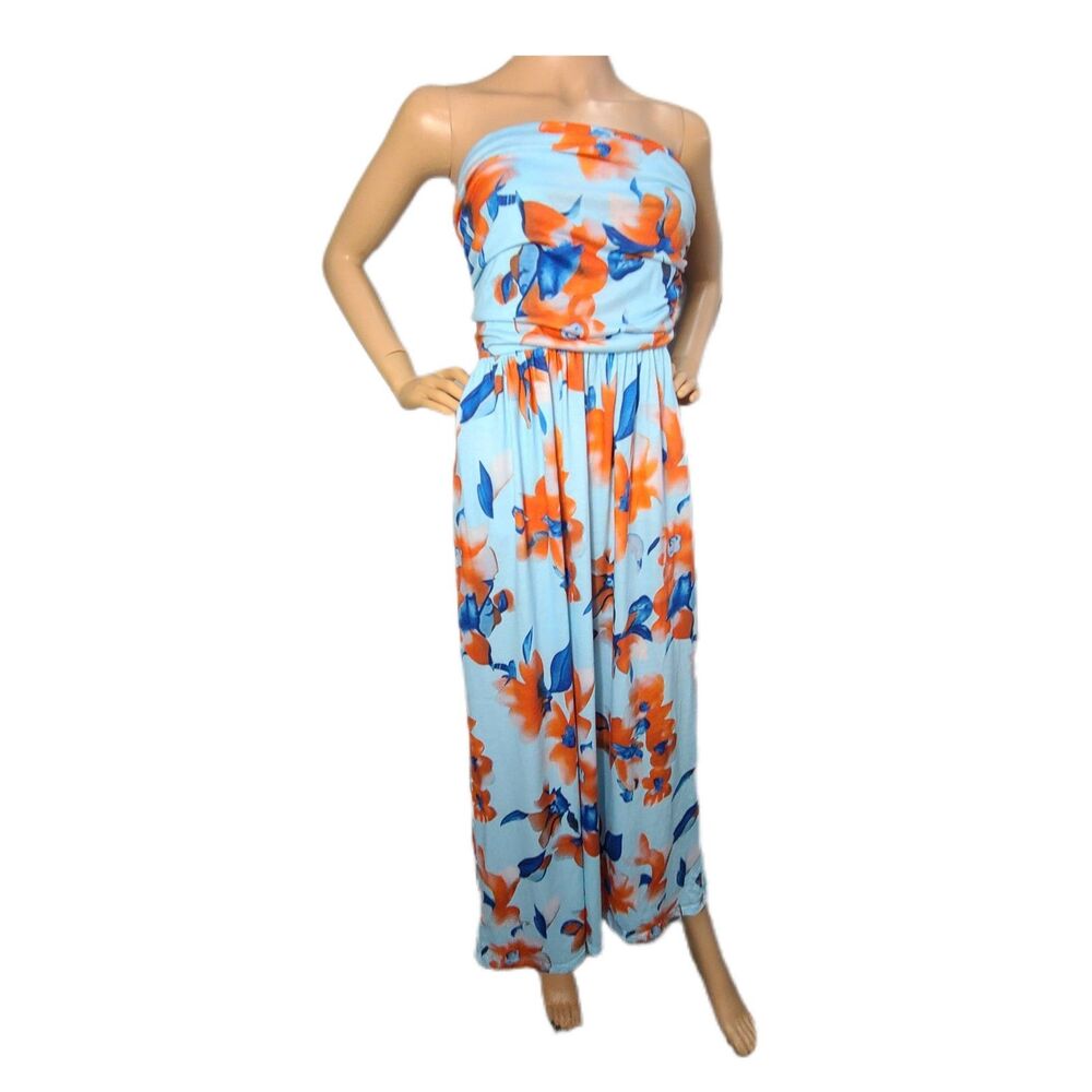 Grace Karin Medium Floral Strapless Maxi Dress Light Blue Orange Beach Sundress